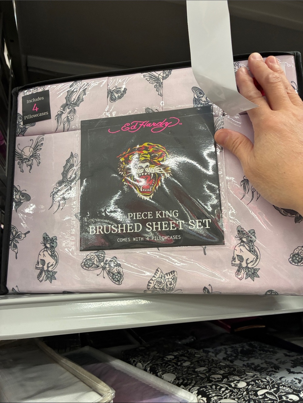 Ed Hardy Pink Brushed King Sheet Set with Tattoo-Inspired Print